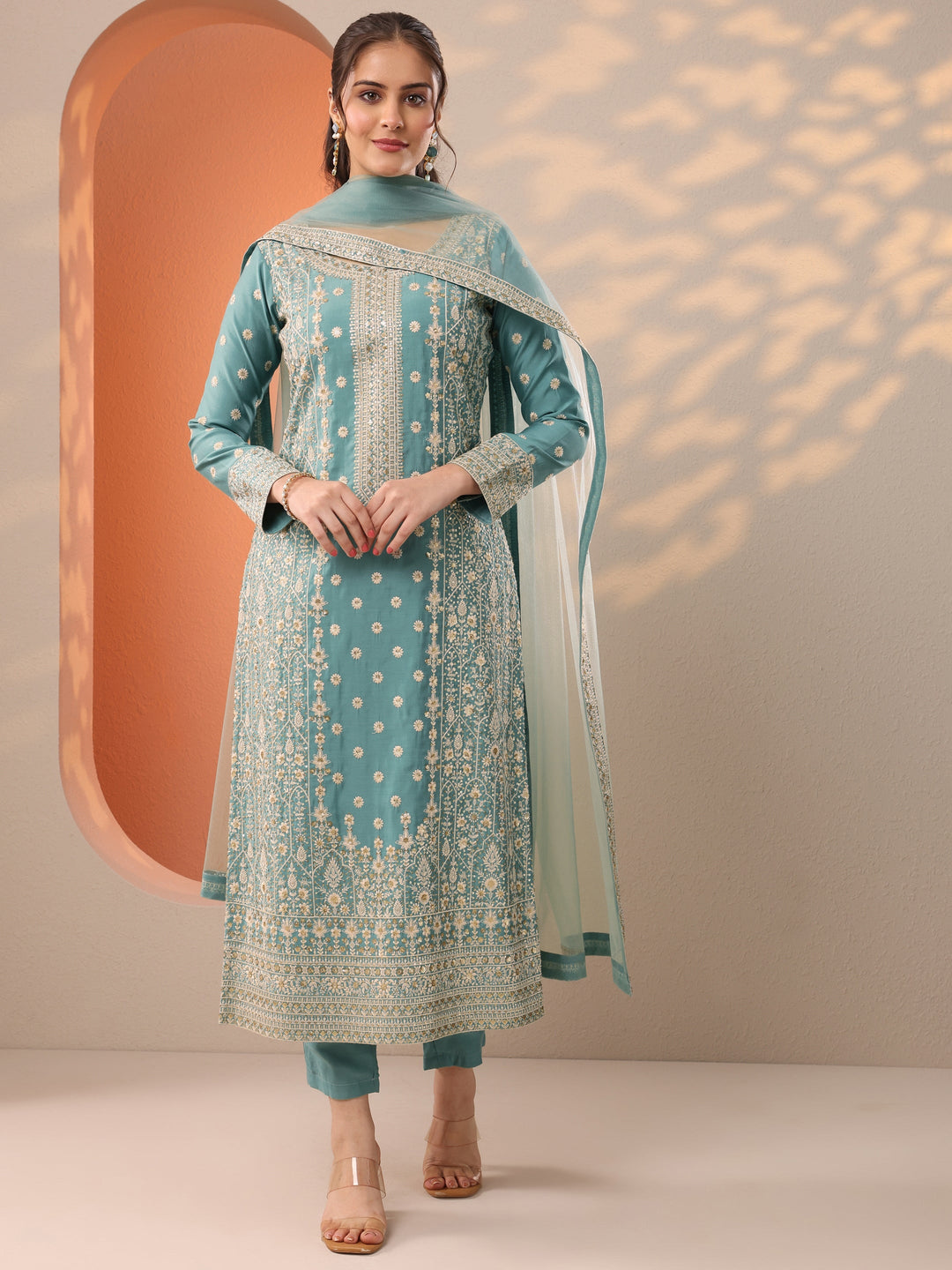 Turquoise Blue Embroidered Silk Blend Straight Suit Set With Dupatta