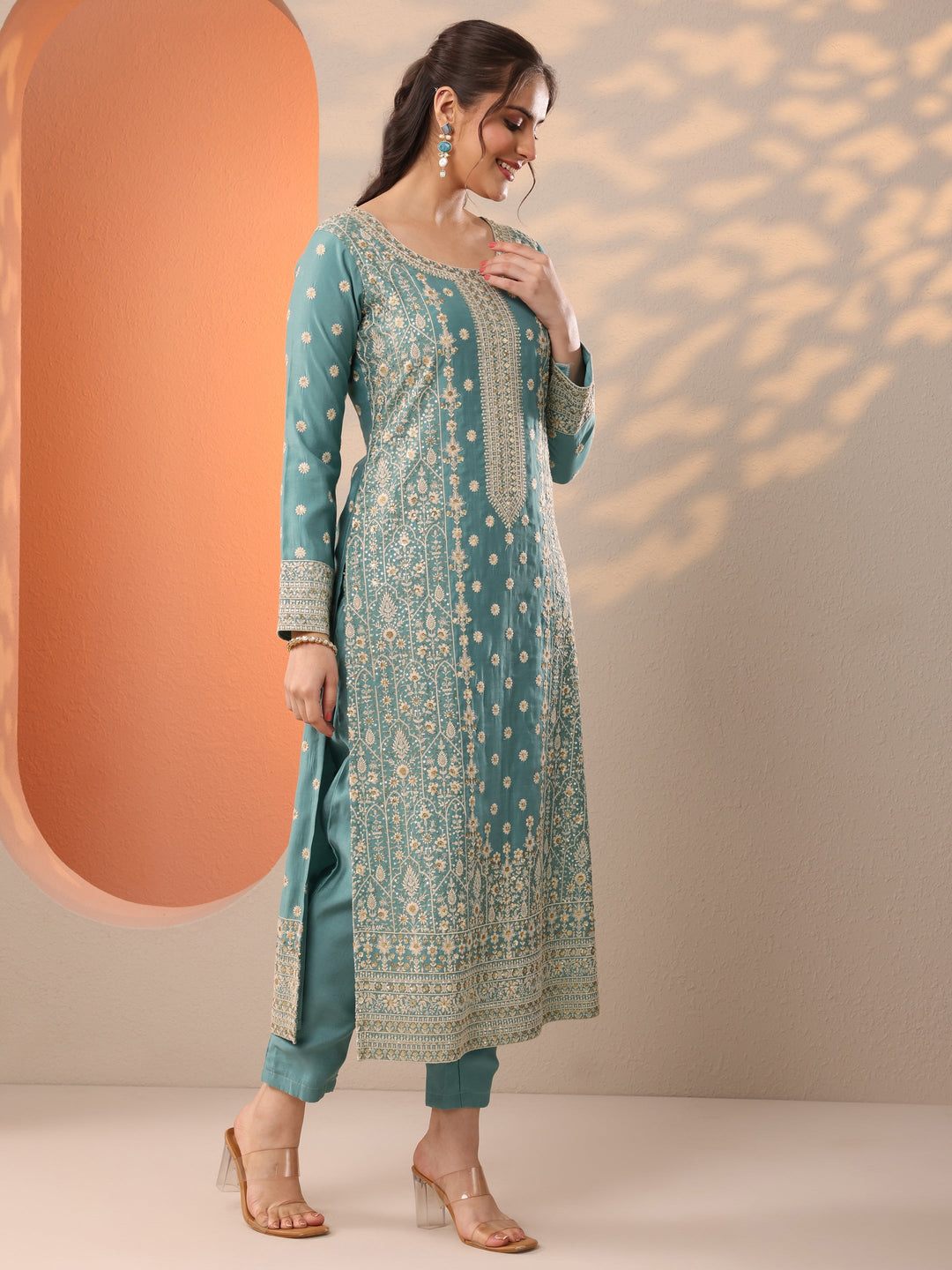 Turquoise Blue Embroidered Silk Blend Straight Suit Set With Dupatta