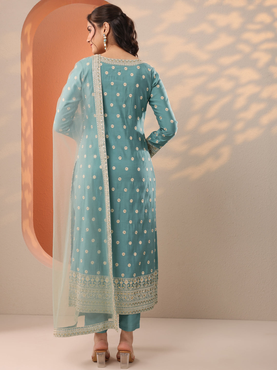 Turquoise Blue Embroidered Silk Blend Straight Suit Set With Dupatta