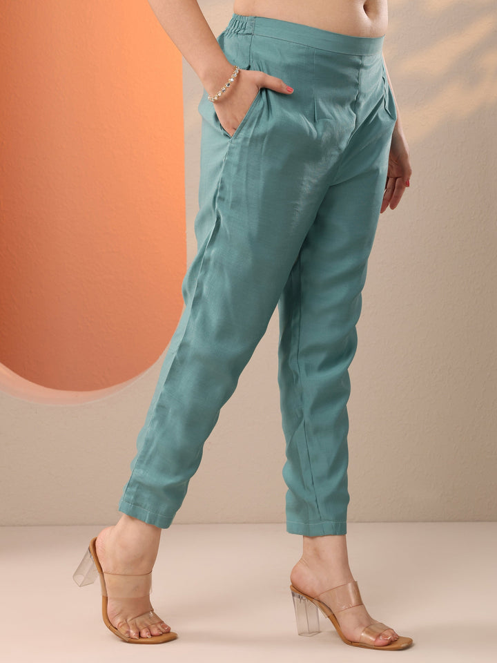 Turquoise Blue Embroidered Silk Blend Straight Suit Set With Dupatta