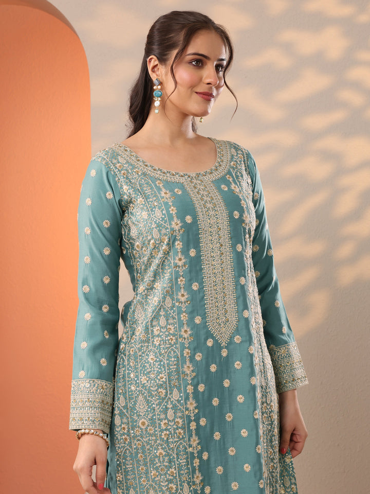 Turquoise Blue Embroidered Silk Blend Straight Suit Set With Dupatta