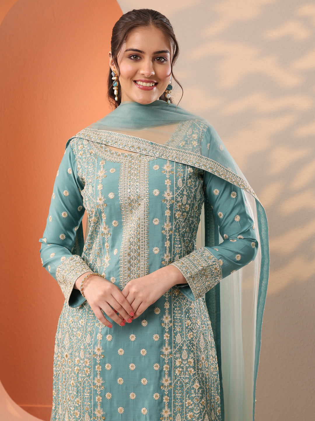 Turquoise Blue Embroidered Silk Blend Straight Suit Set With Dupatta