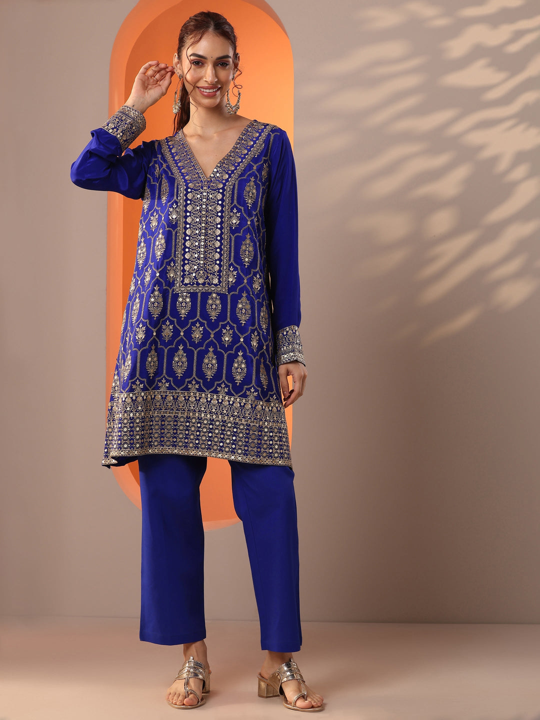 Libas Art Blue Embroidered Crepe Straight Suit Set With Dupatta