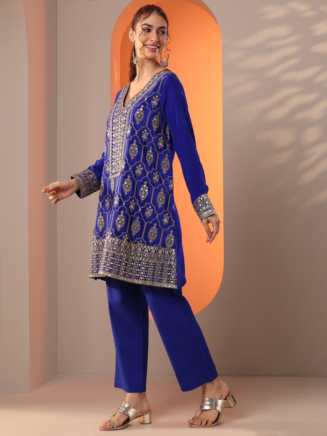 Libas Art Blue Embroidered Crepe Straight Suit Set With Dupatta
