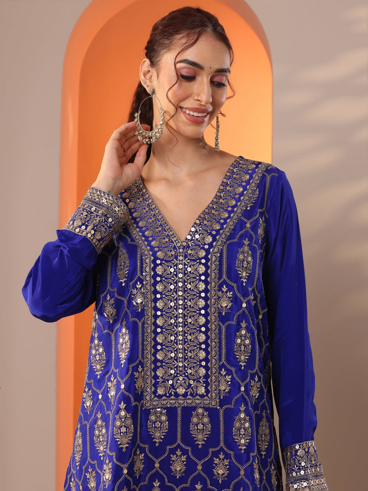 Libas Art Blue Embroidered Crepe Straight Suit Set With Dupatta