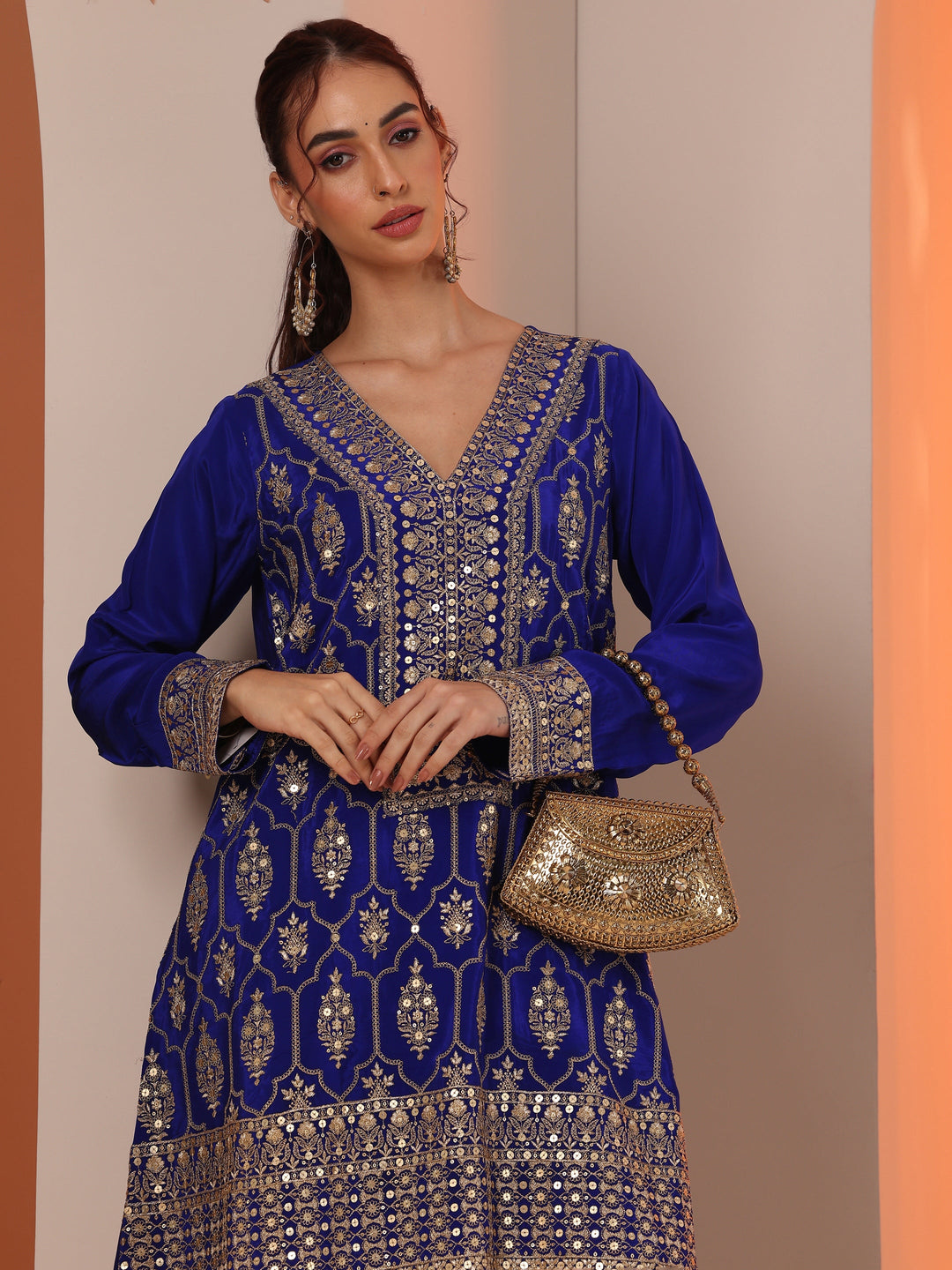 Libas Art Blue Embroidered Crepe Straight Suit Set With Dupatta