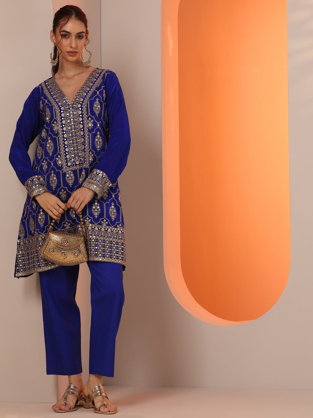 Libas Art Blue Embroidered Crepe Straight Suit Set With Dupatta