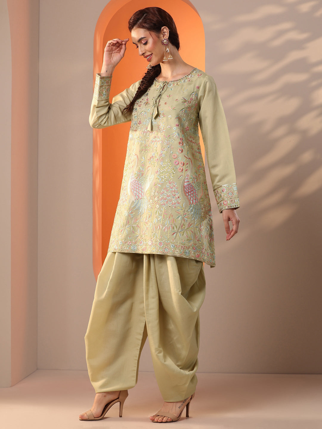 Libas Art Green Embroidered Silk Blend Straight Kurta Set