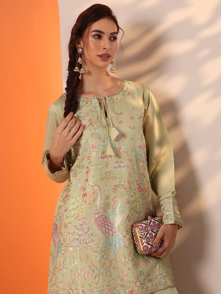 Libas Art Green Embroidered Silk Blend Straight Kurta Set