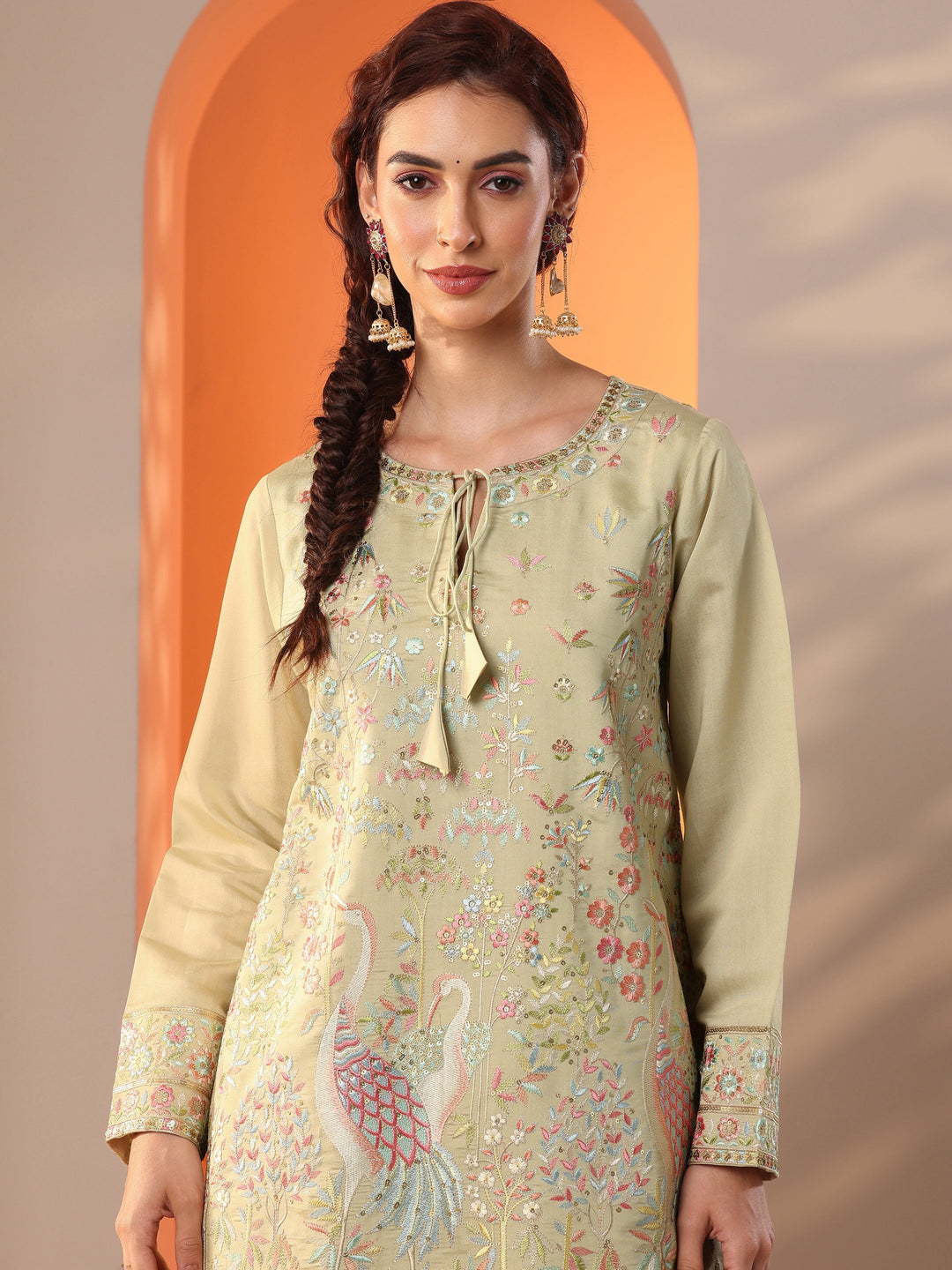 Libas Art Green Embroidered Silk Blend Straight Kurta Set