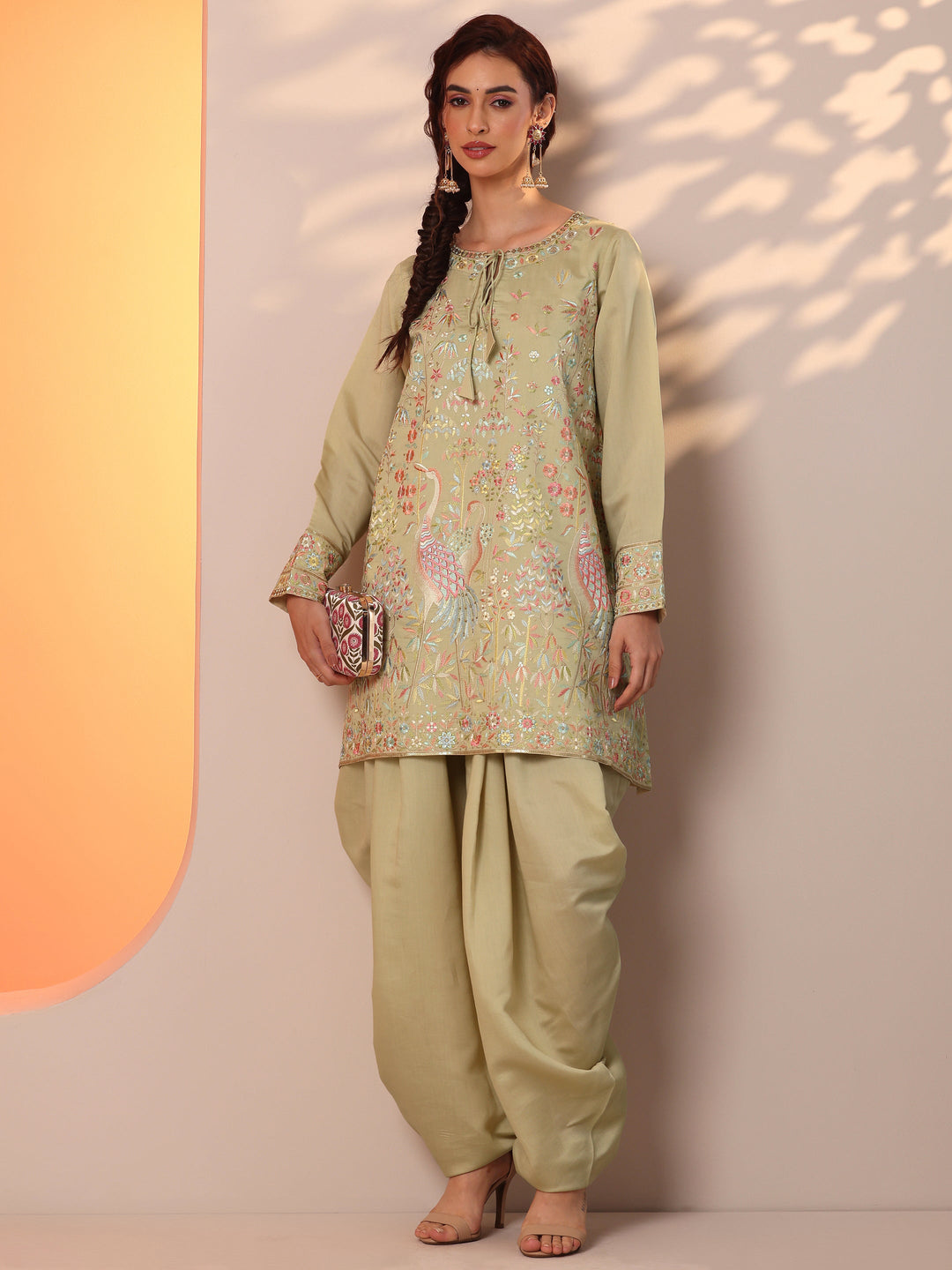 Libas Art Green Embroidered Silk Blend Straight Kurta Set