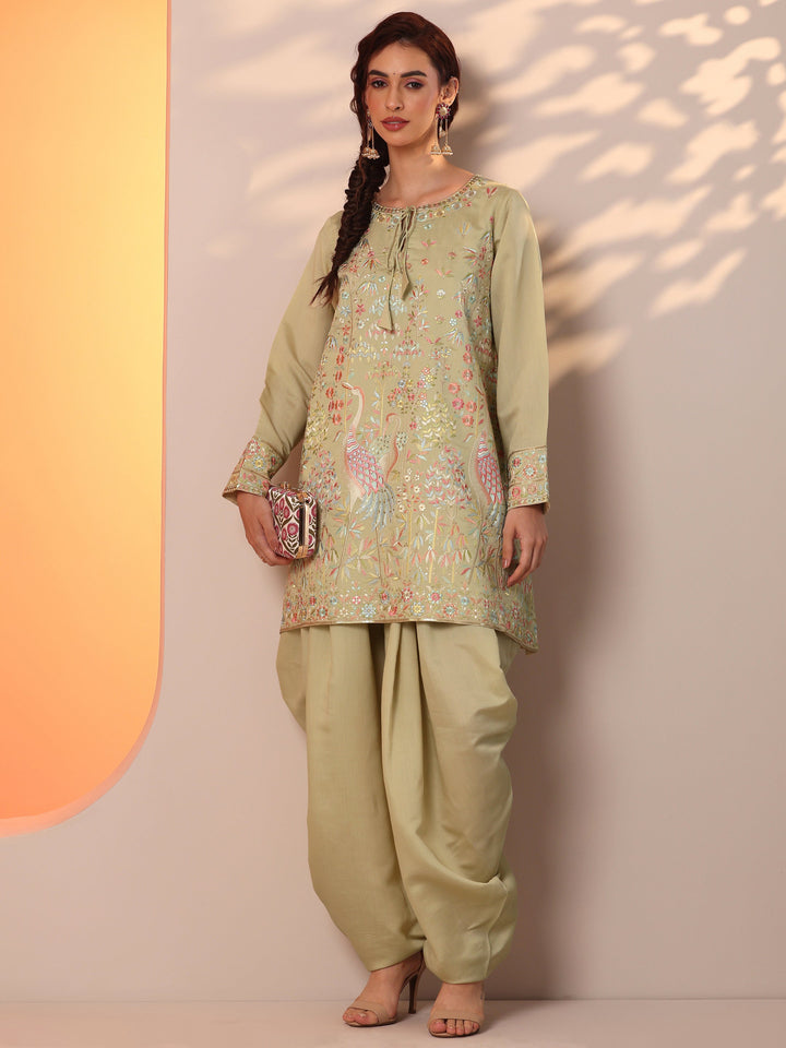Libas Art Green Embroidered Silk Blend Straight Kurta Set