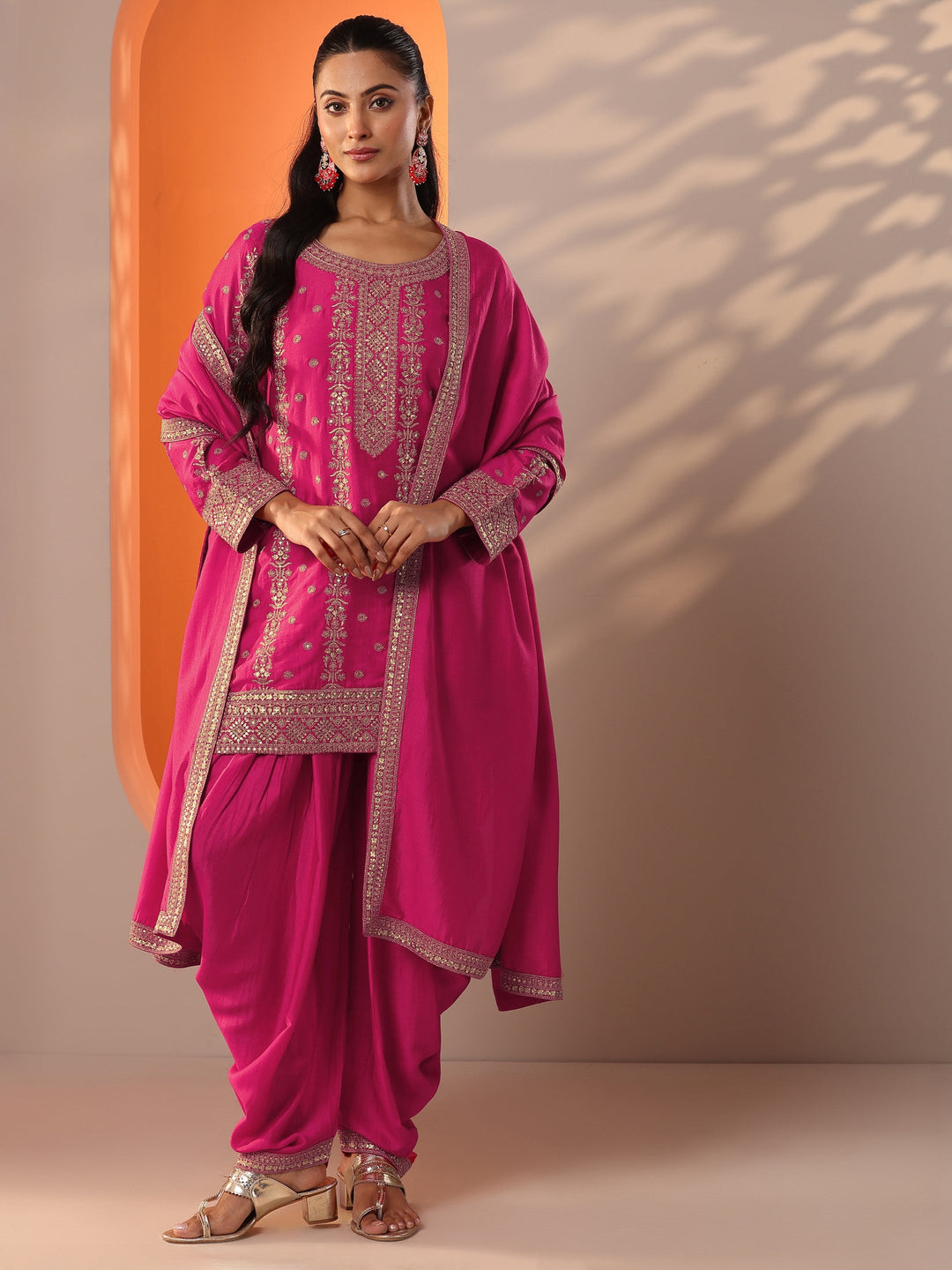 Libas Art Pink Embroidered Silk Blend Straight Suit Set With Dupatta