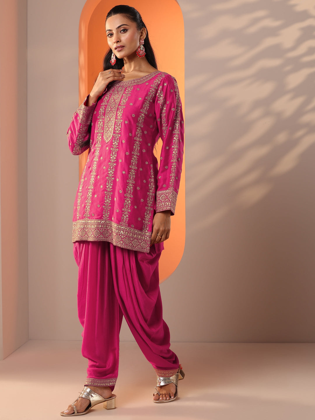 Libas Art Pink Embroidered Silk Blend Straight Suit Set With Dupatta