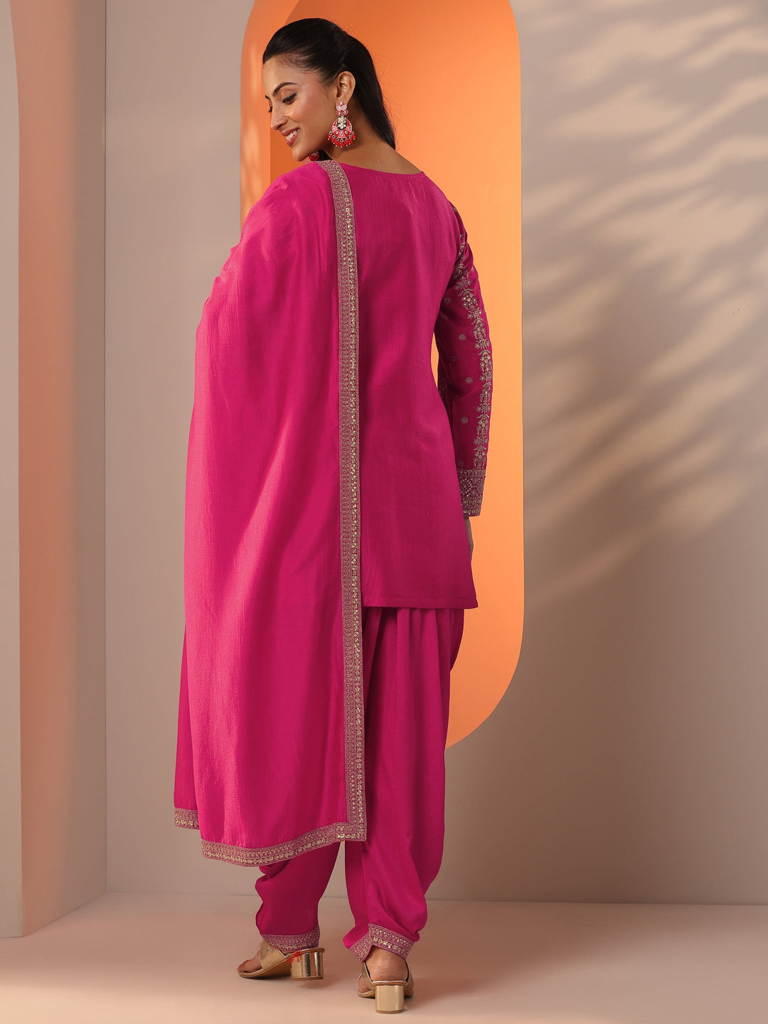 Libas Art Pink Embroidered Silk Blend Straight Suit Set With Dupatta