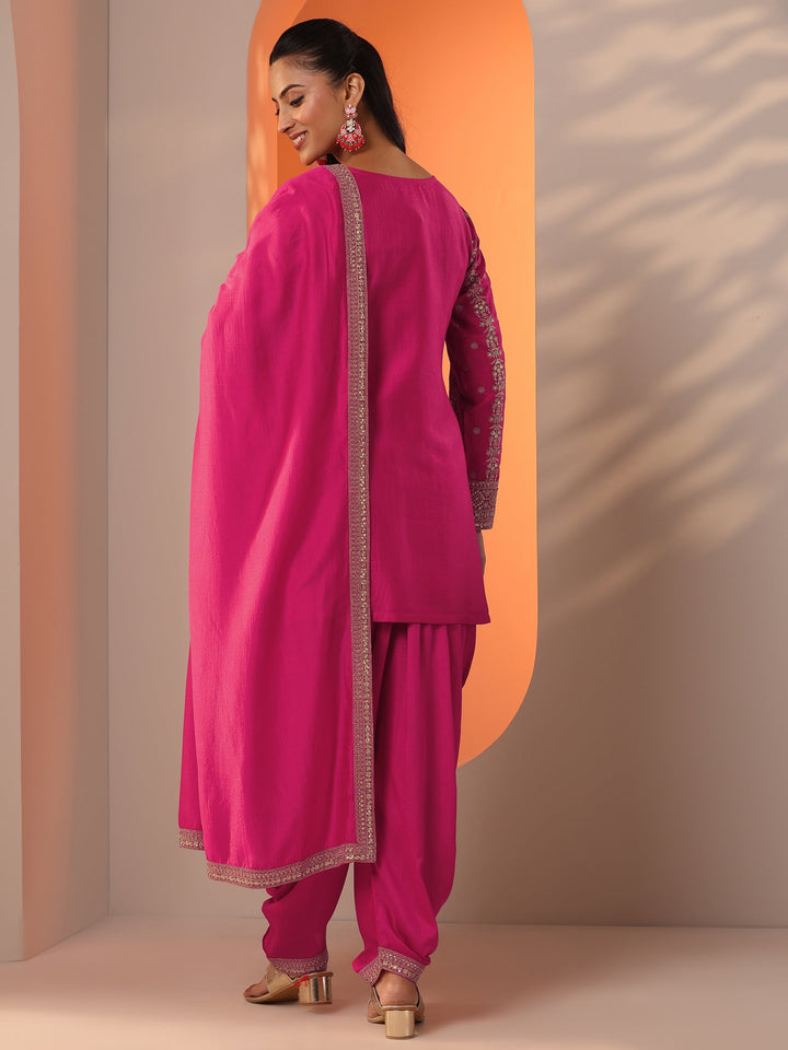Libas Art Pink Embroidered Silk Blend Straight Suit Set With Dupatta