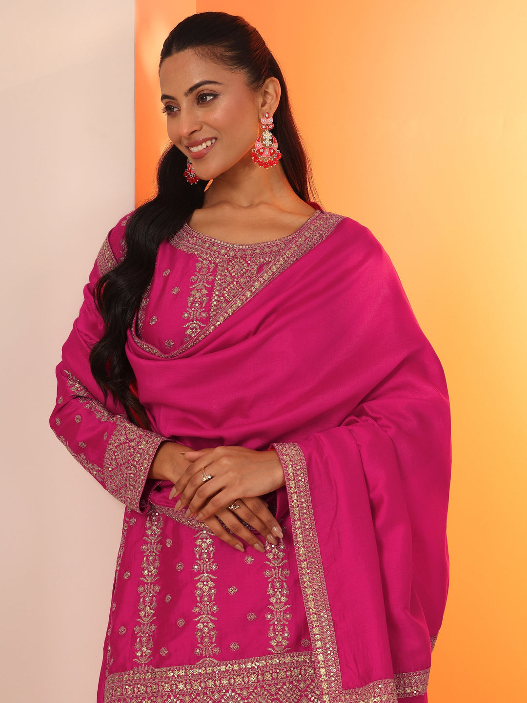 Libas Art Pink Embroidered Silk Blend Straight Suit Set With Dupatta