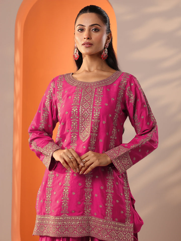 Libas Art Pink Embroidered Silk Blend Straight Suit Set With Dupatta