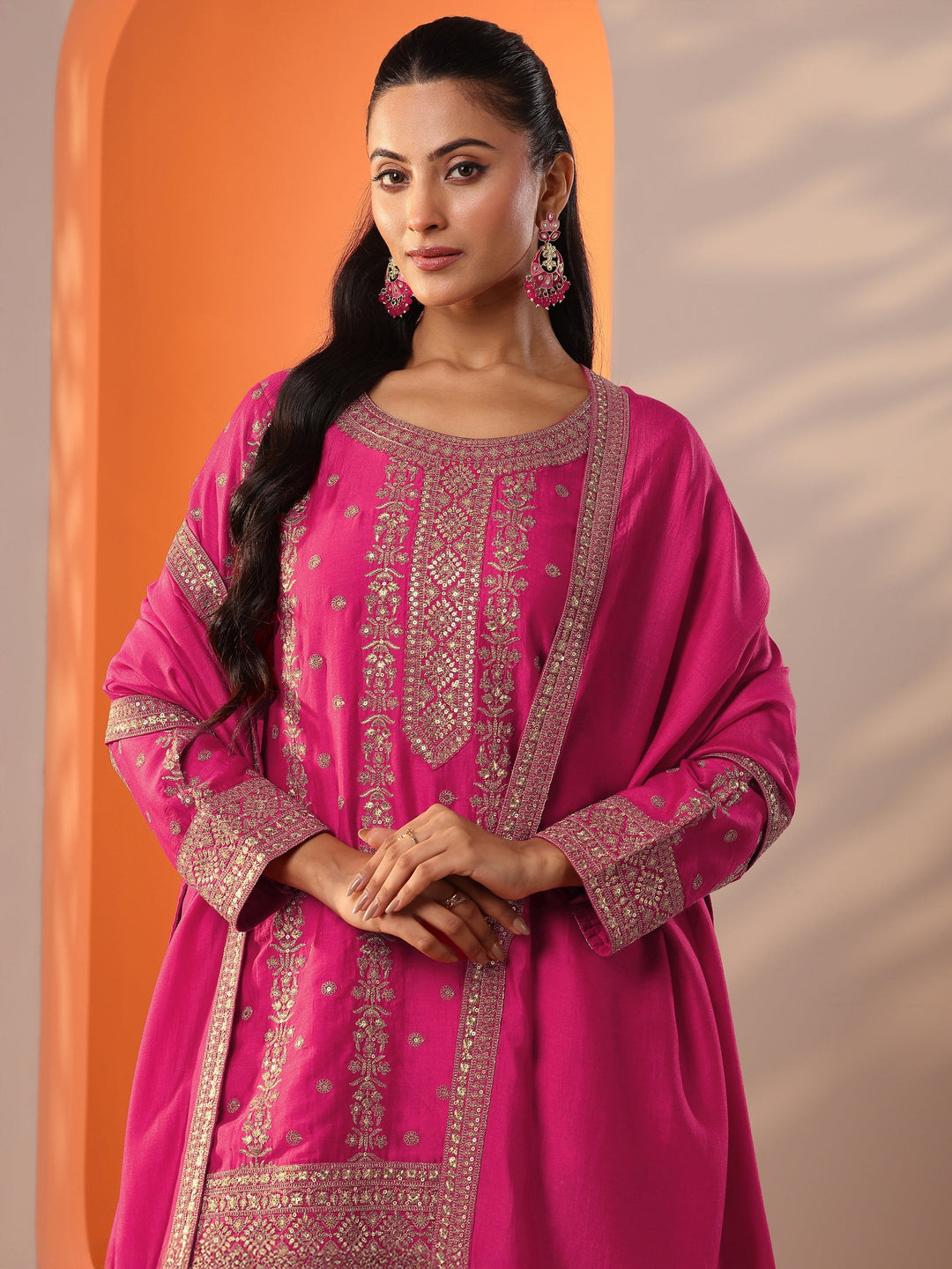 Libas Art Pink Embroidered Silk Blend Straight Suit Set With Dupatta