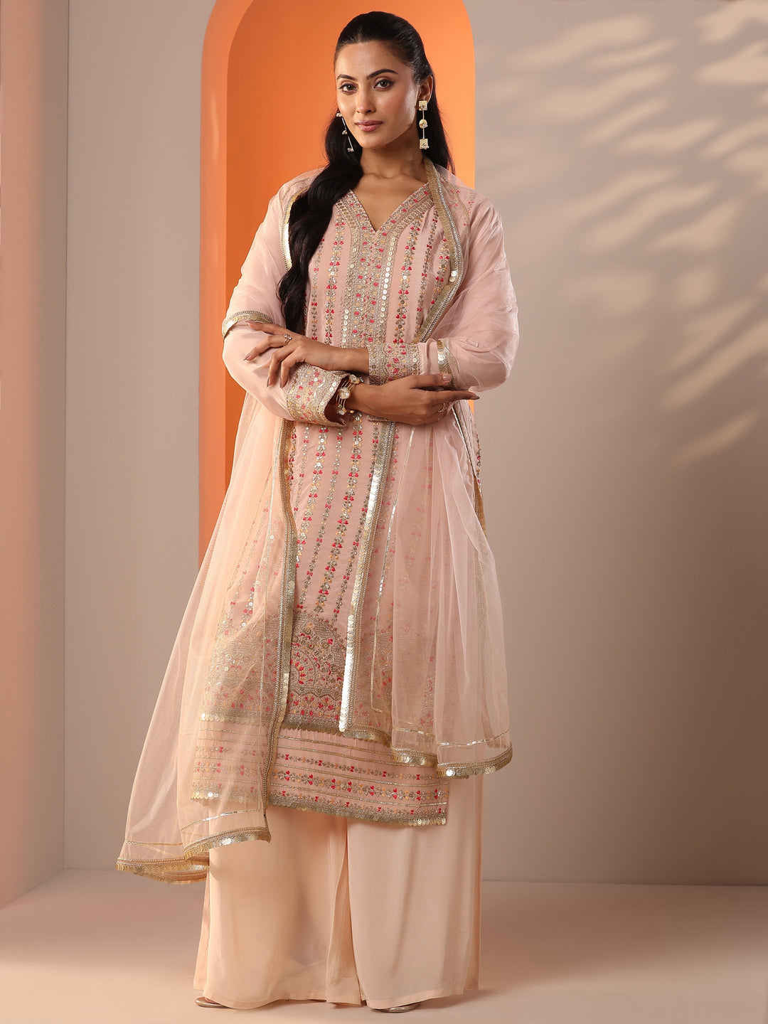 Libas Art Peach Embellished Crepe Straight Suit Set With Dupatta
