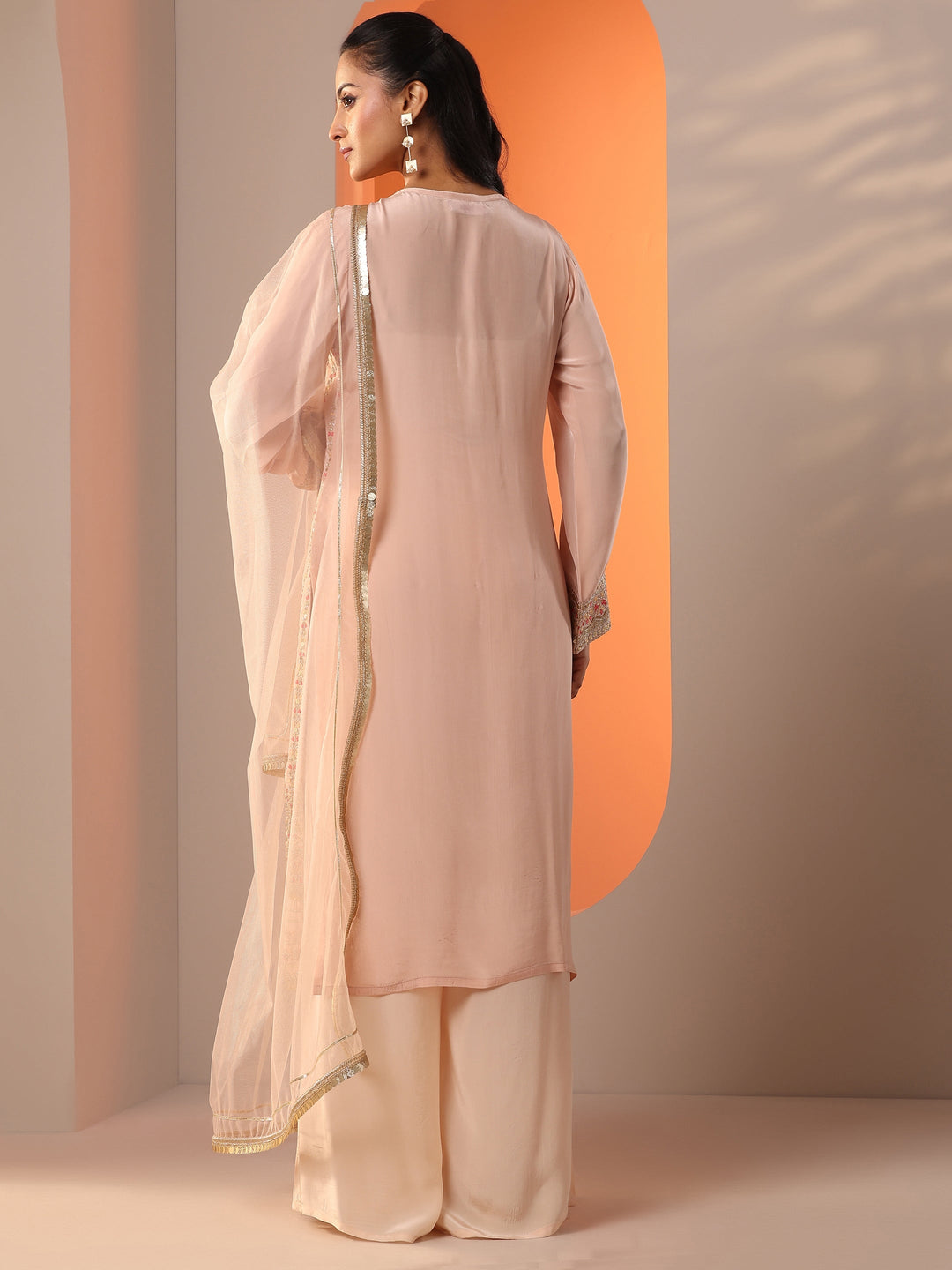Libas Art Peach Embellished Crepe Straight Suit Set With Dupatta