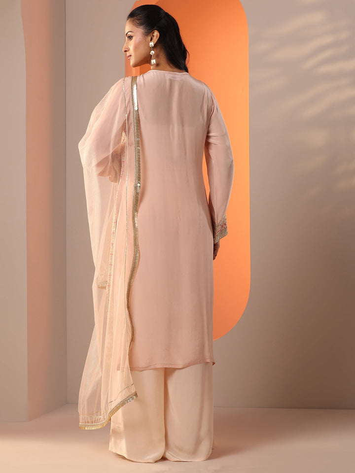Libas Art Peach Embellished Crepe Straight Suit Set With Dupatta