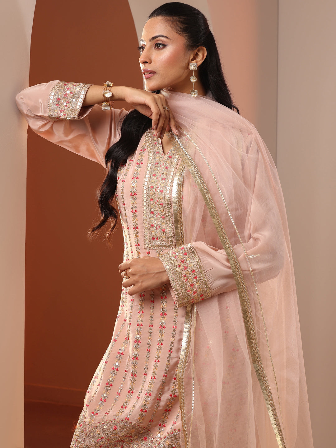 Libas Art Peach Embellished Crepe Straight Suit Set With Dupatta