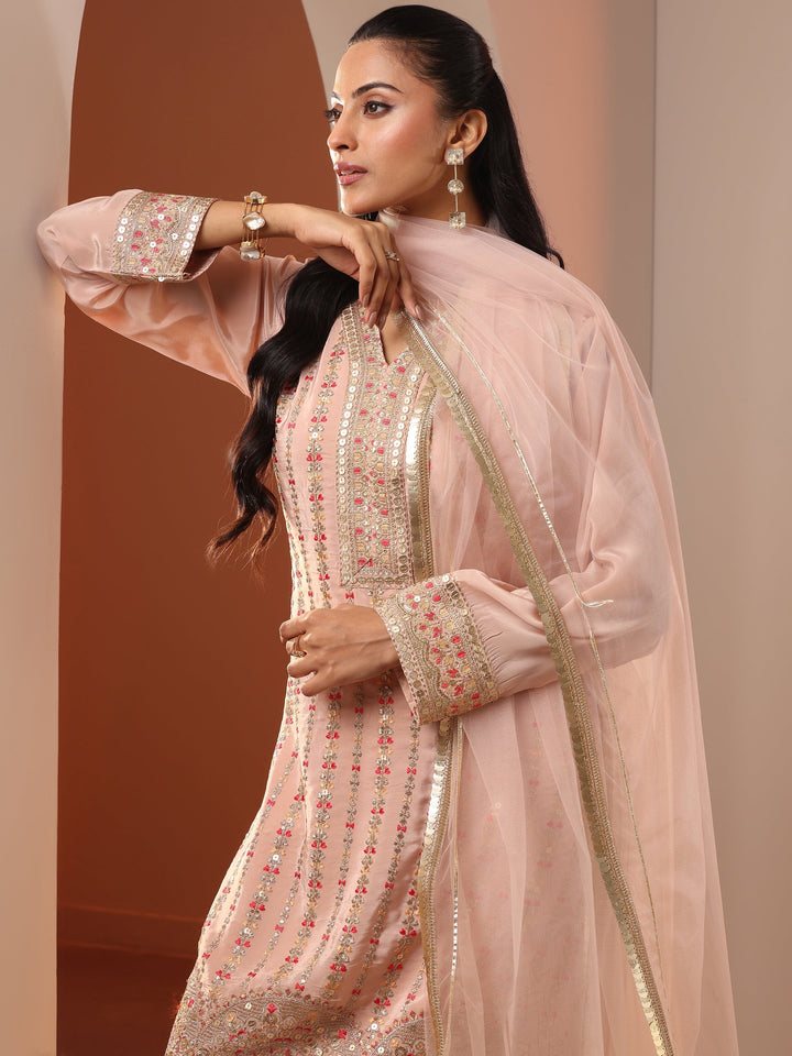Libas Art Peach Embellished Crepe Straight Suit Set With Dupatta