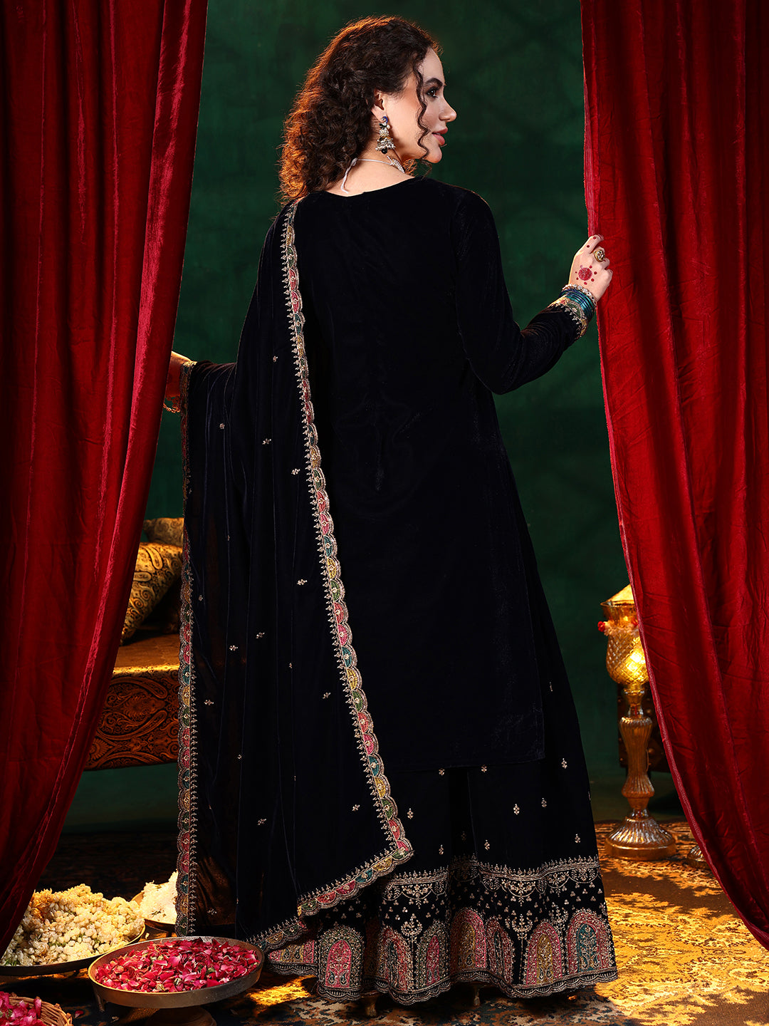 Blue Embroidered Velvet Straight Suit With Dupatta