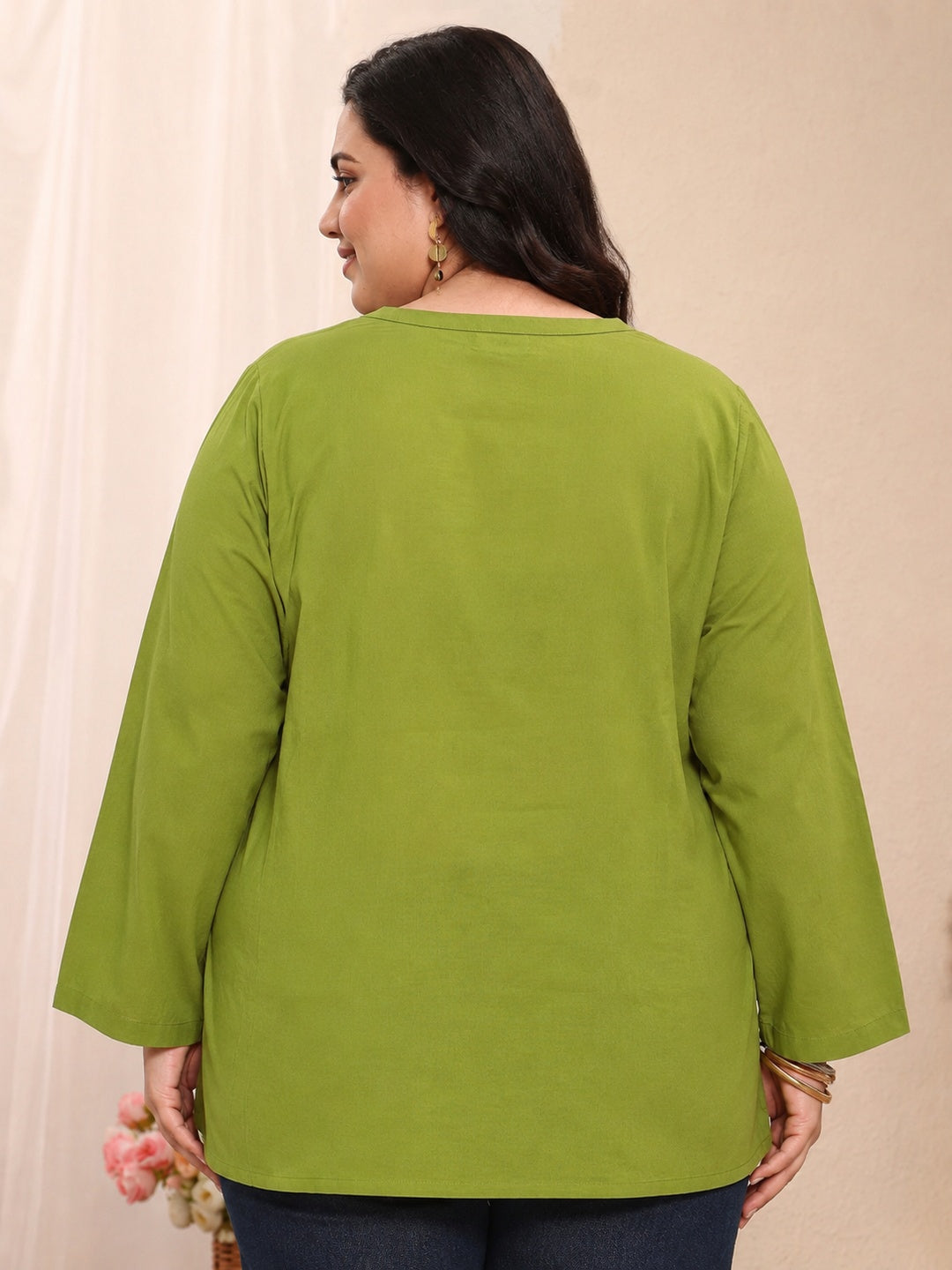 Plus Size Green Solid Cotton Blend Straight Short Kurti