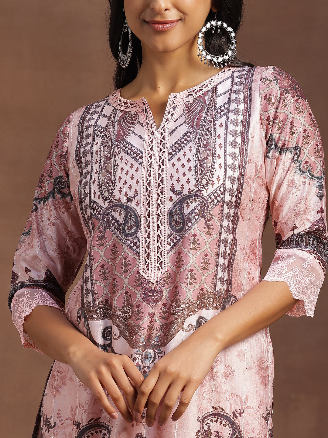 Pink Printed Silk Blend Straight Suit With Dupatta