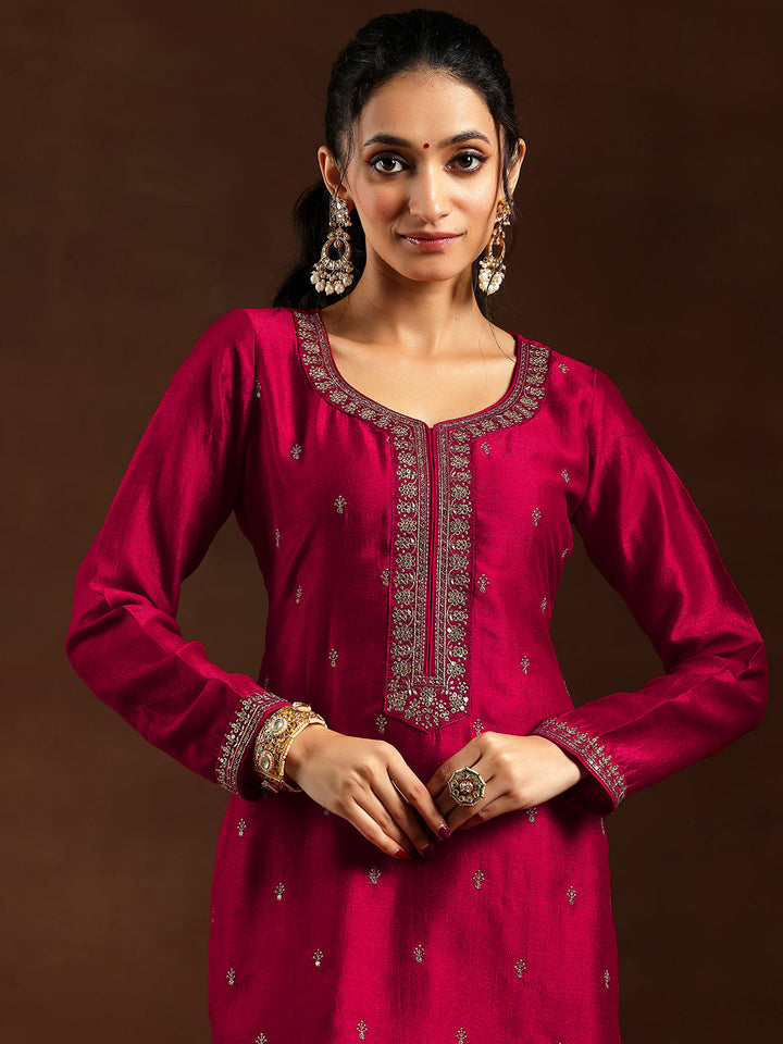 Red Embroidered Silk Blend Straight Suit With Dupatta