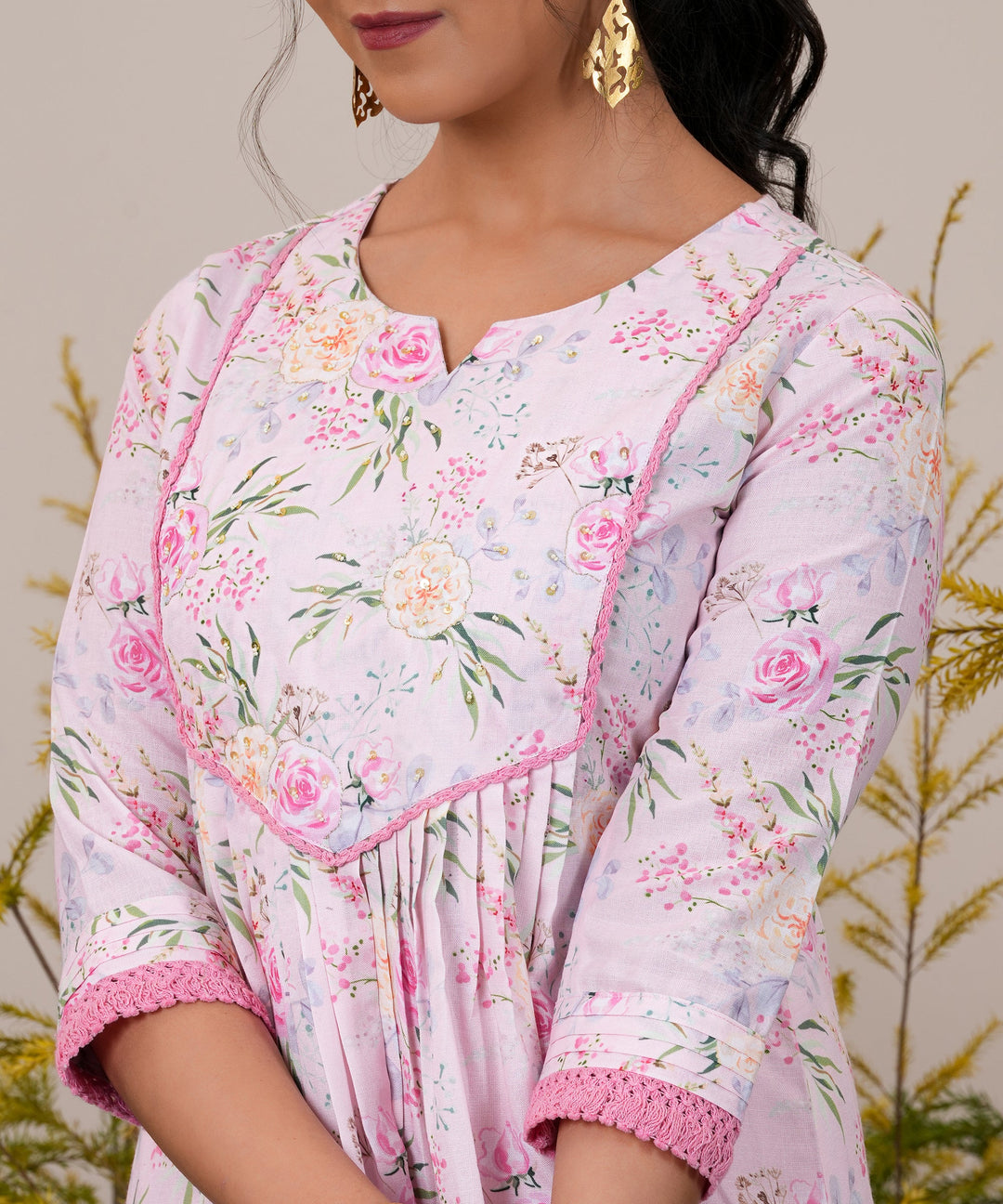 Pink Printed Cotton Blend A-Line Kurta With Palazzos & Dupatta