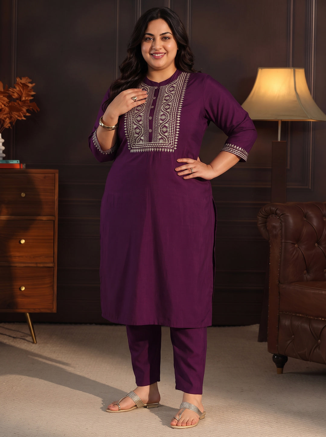 Plus Size Wine Yoke Design Silk Blend Straight Suit Set