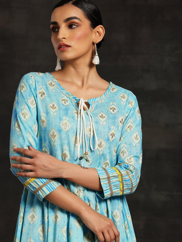 Turquoise Printed Cotton Fit and Flare Dress - ShopLibas