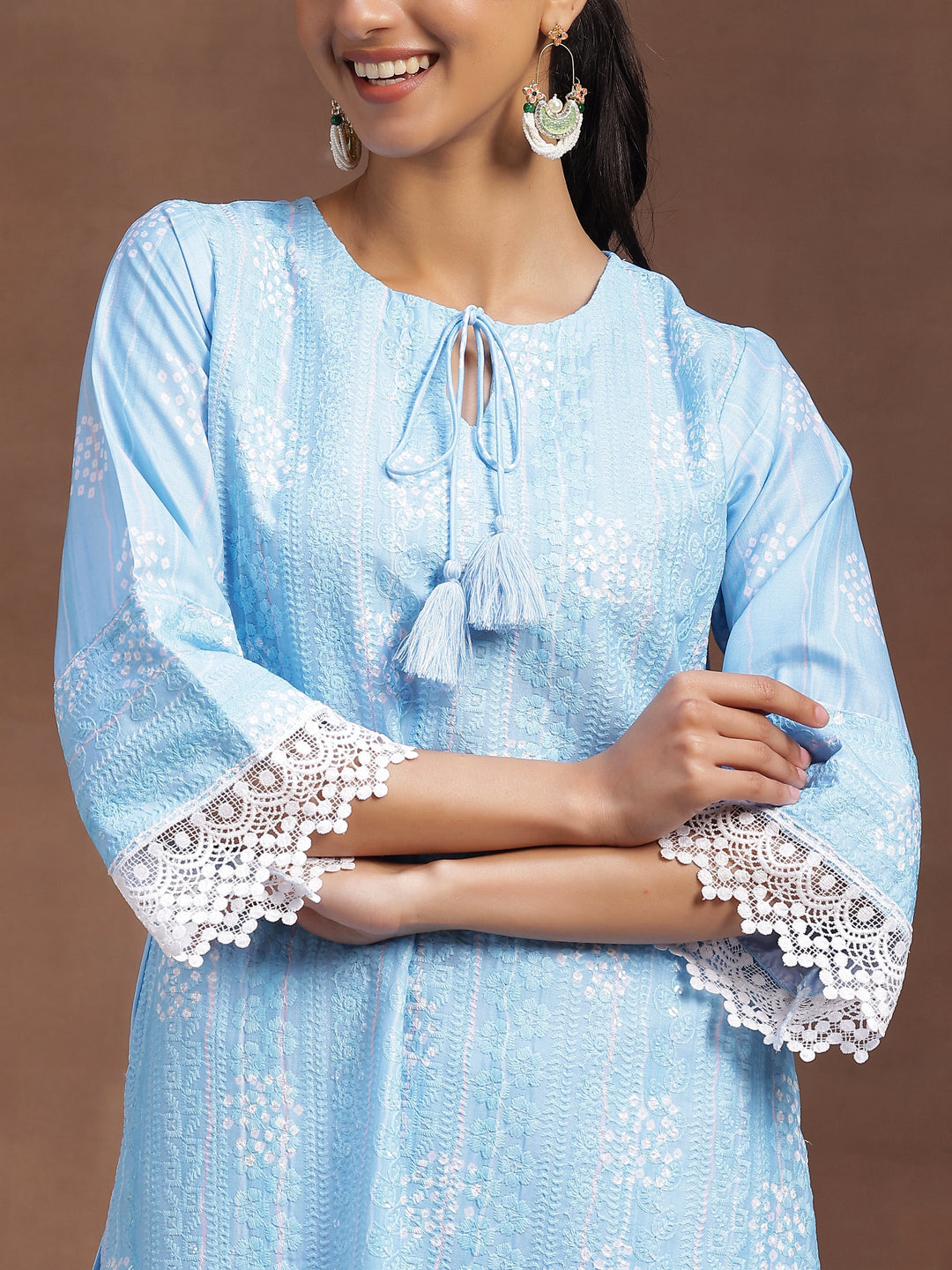Blue Embroidered Cotton Blend Straight Suit With Dupatta