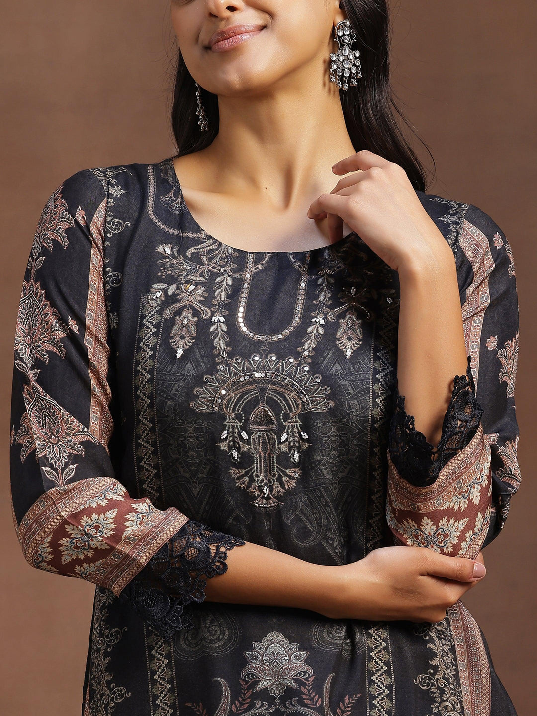 Grey Printed Silk Blend Straight Suit With Dupatta
