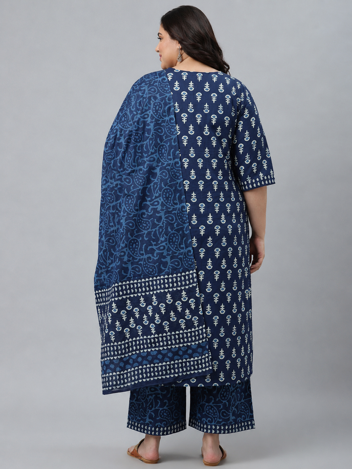 Plus Size Blue Floral Printed Cotton Straight Suit Set