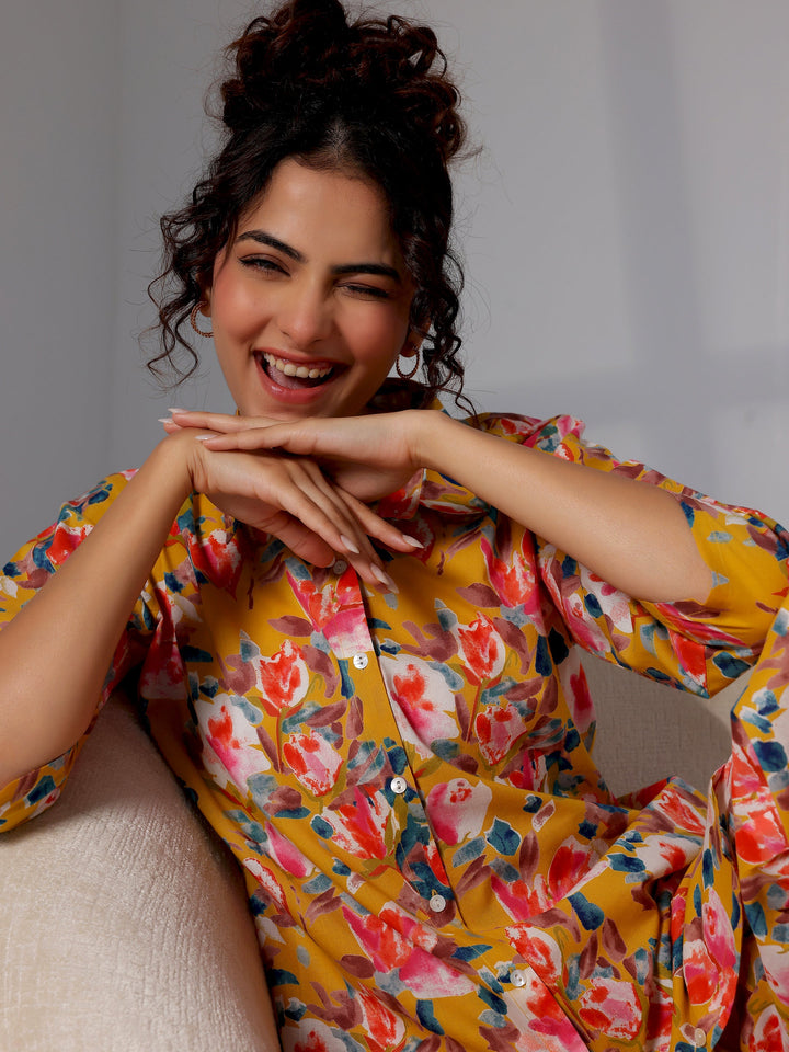 Mustard Printed Cotton Night Suits