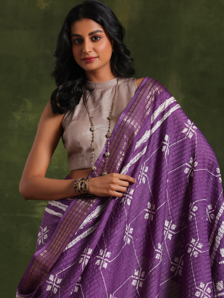 Lavender Printed Silk Blend Saree With Unstitched Blouse Piece - Libas