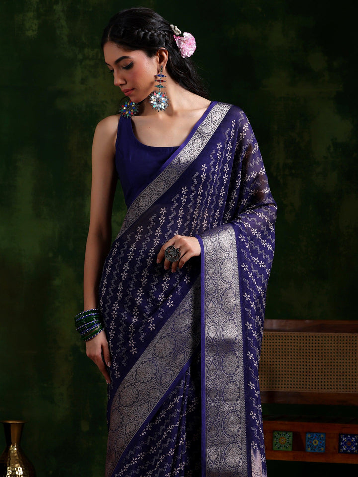 Purple Printed Silk Blend Saree With Unstitched Blouse Piece - Libas