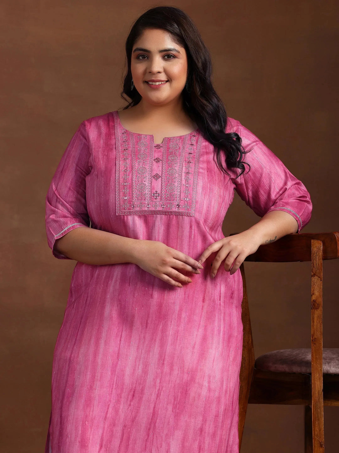 Plus Size Pink Yoke Design Cotton Straight Kurta