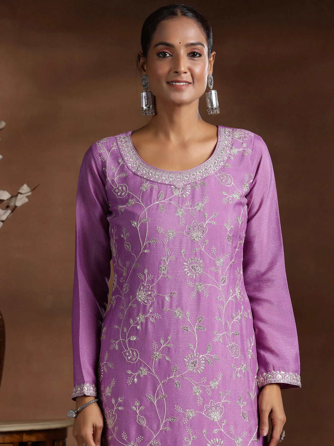 Lavender Embroidered Silk Blend Straight Suit With Dupatta