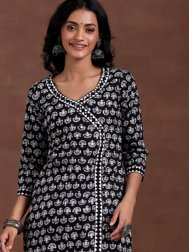 Black Printed Cotton Straight Suit With Dupatta