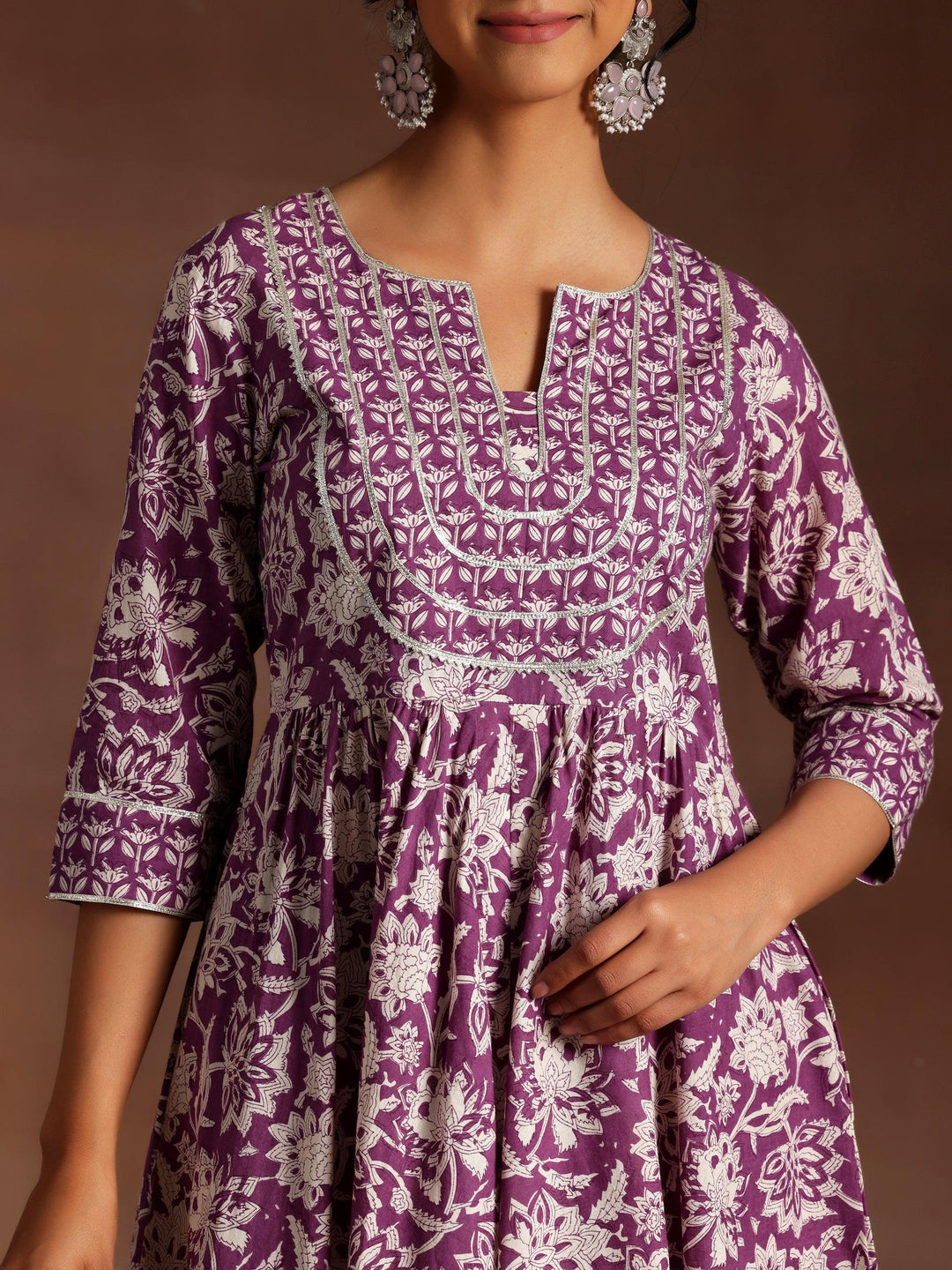 Nalini Purple Printed Cotton Anarkali Kurta With Trousers & Dupatta - ShopLibas 