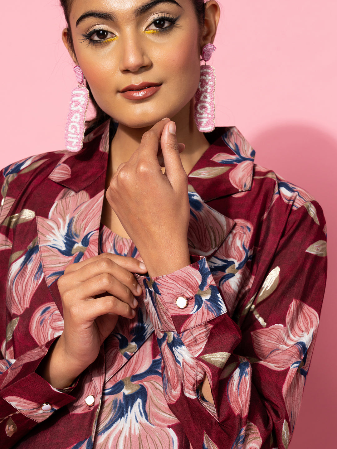 Maroon Printed Silk Blend 3 Piece Co-Ords