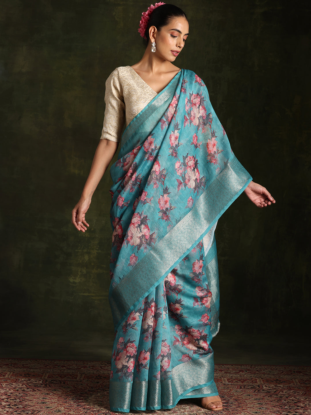 Rama Green Printed Silk Blend Saree With Unstitched Blouse Piece