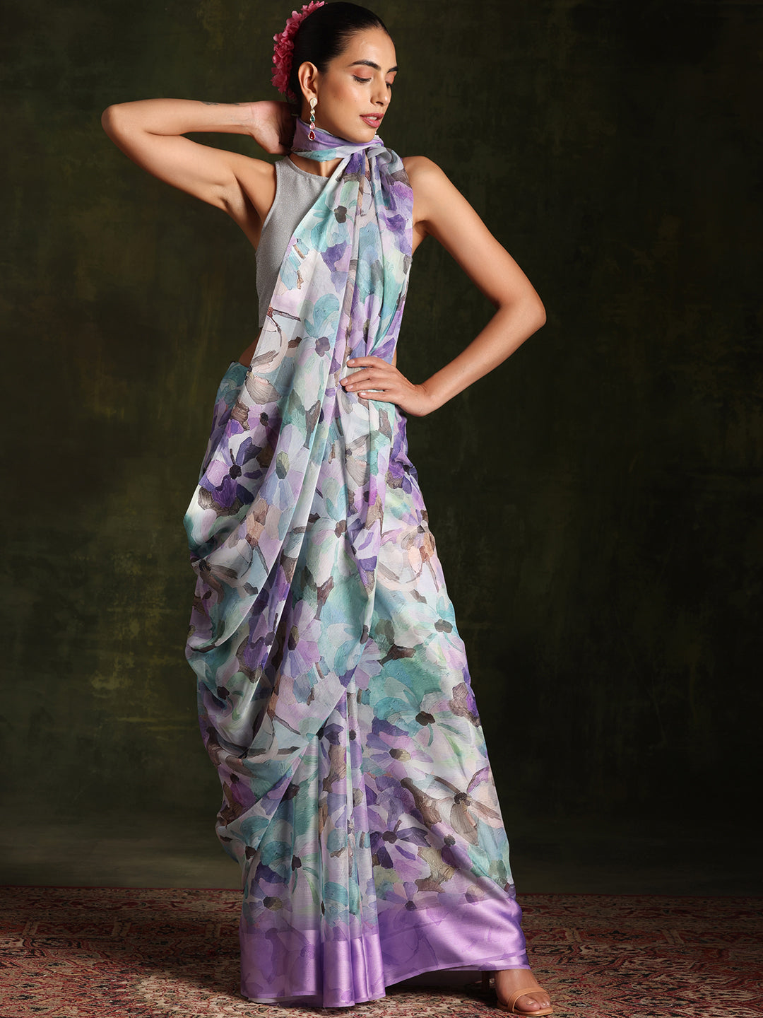 Lavender Printed Silk Blend Saree With Unstitched Blouse Piece