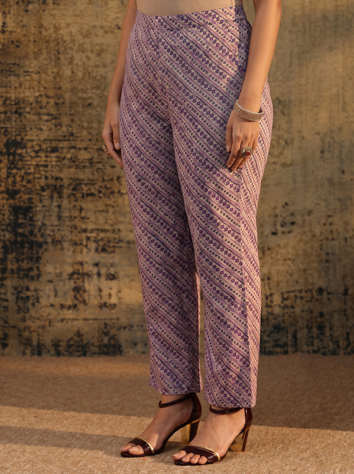 Plus Size Purple Floral Printed Cotton Straight Suit Set