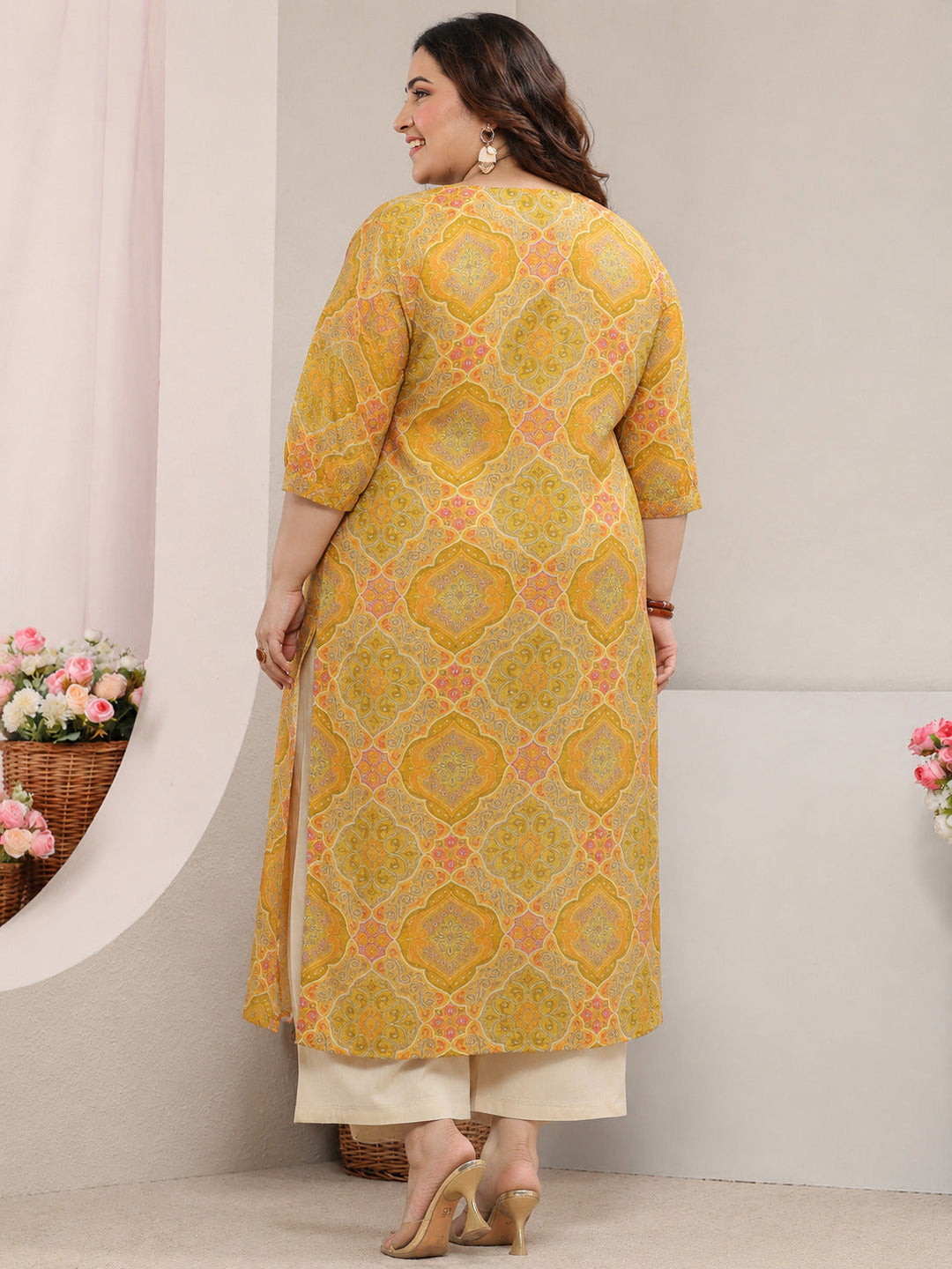 Plus Size Yellow Motif Printed Silk Blend Straight Kurta
